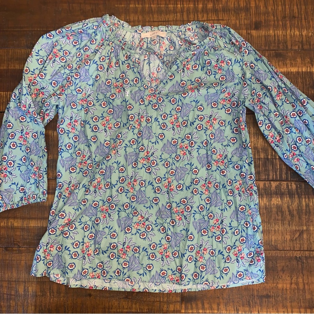 LOFT 3/4 Sleeve Blue Floral Blouse